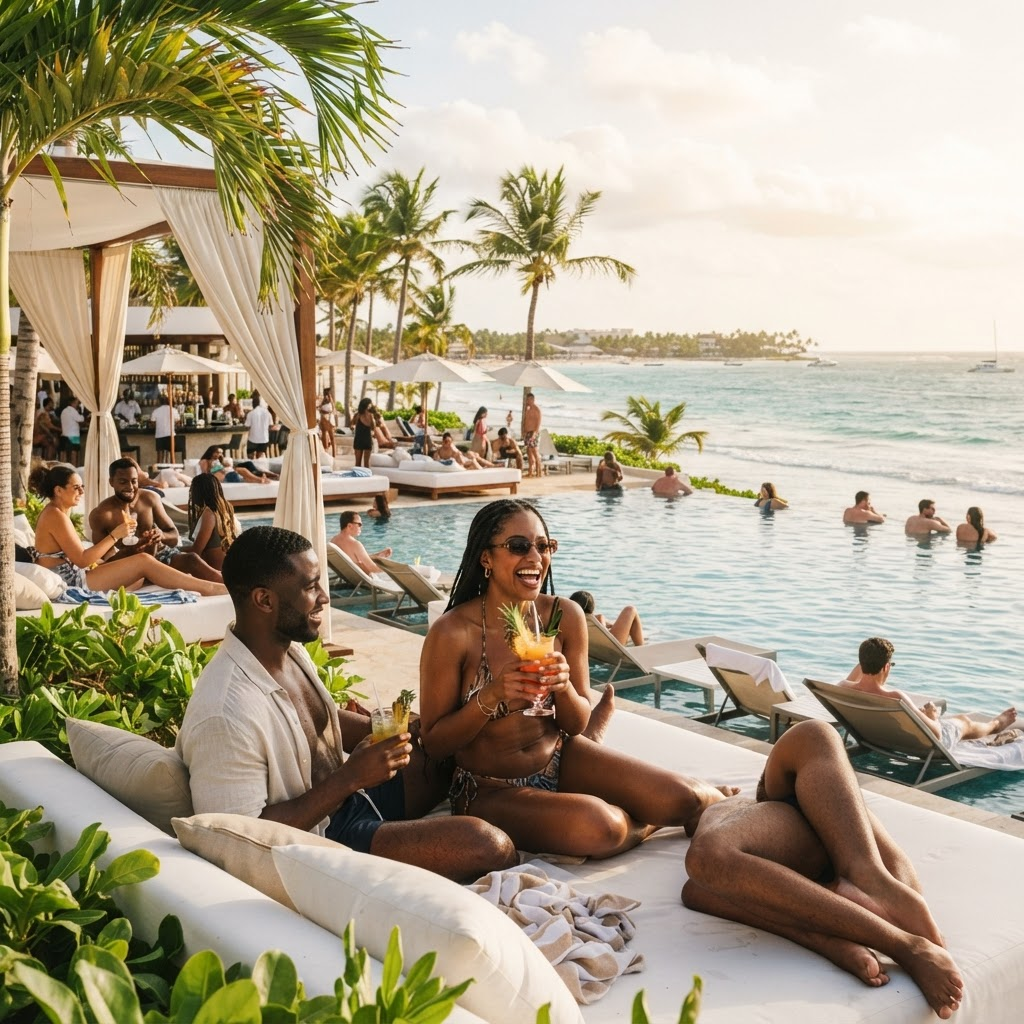 Guests lounging at a Punta Cana beach club by the pool