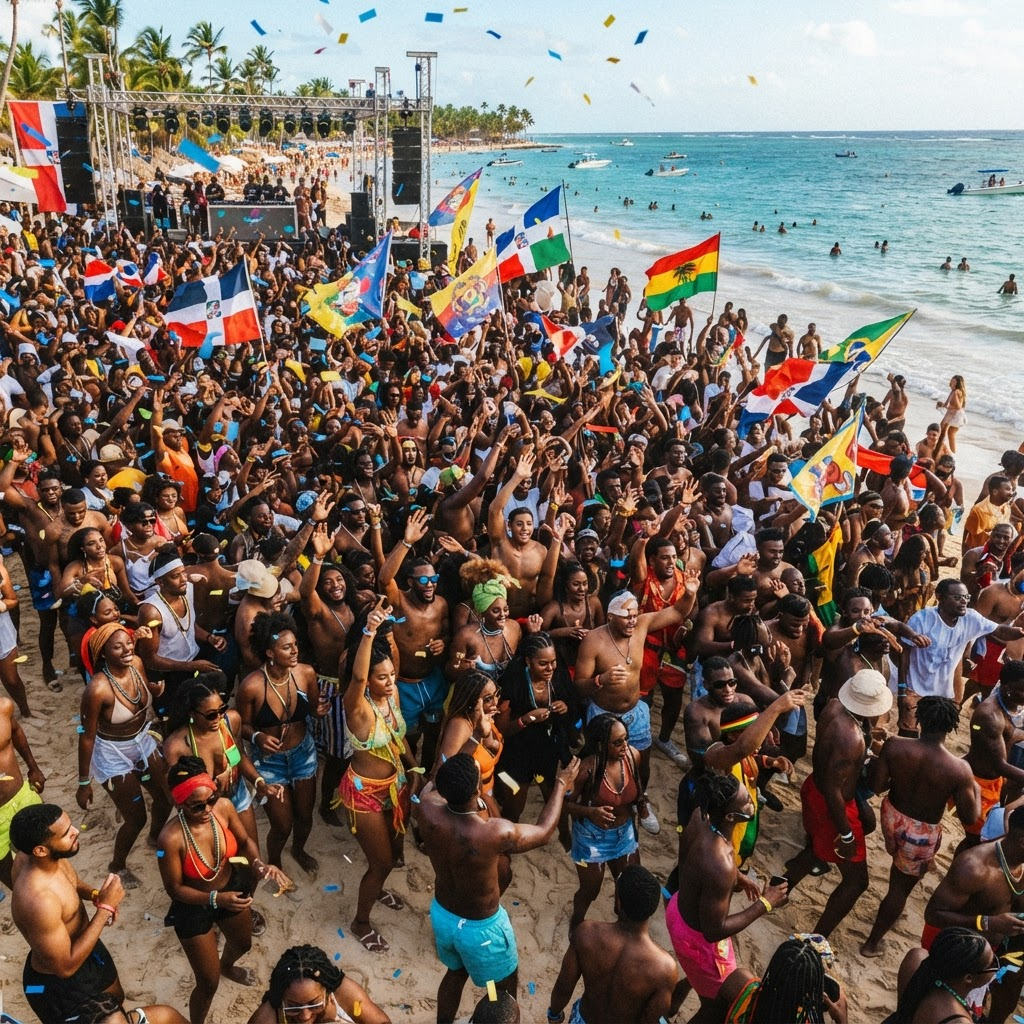Dense festival crowd at a beach day party