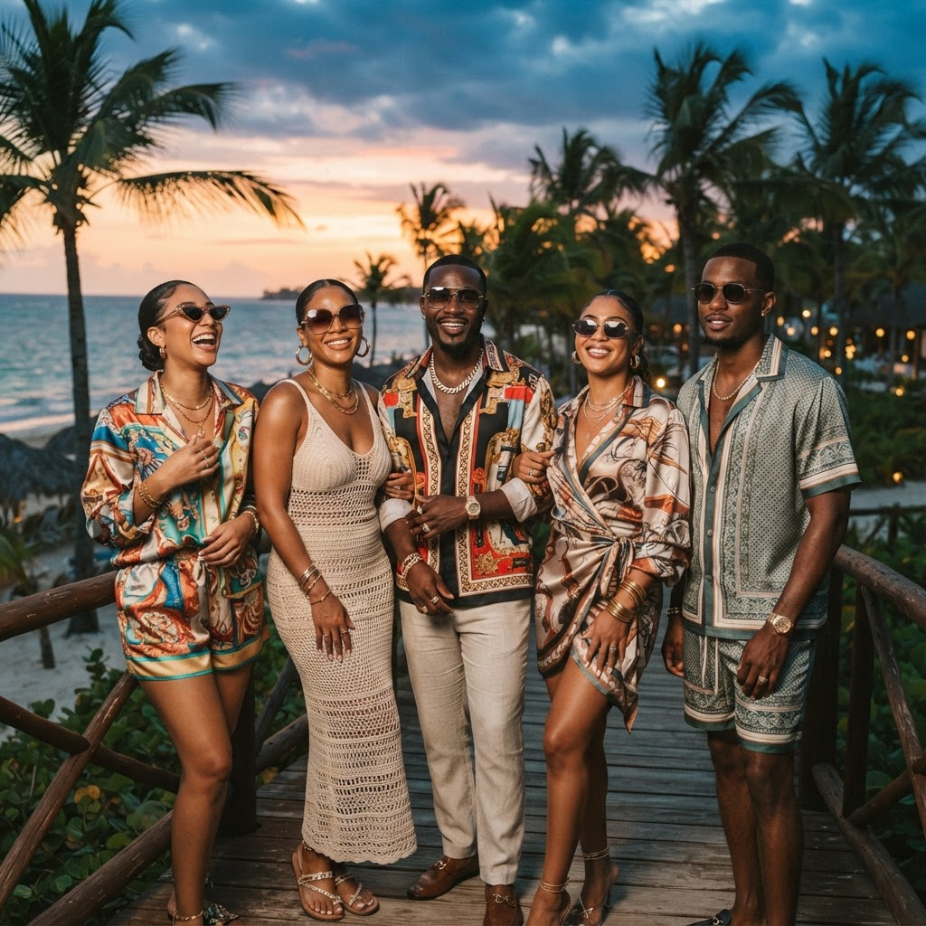 Stylish travelers posing at a tropical resort