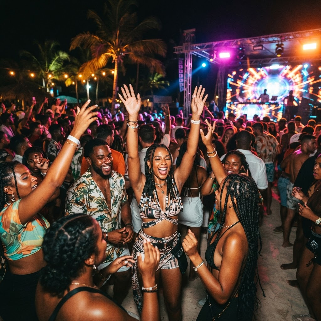 Crowd dancing at an outdoor tropical night party